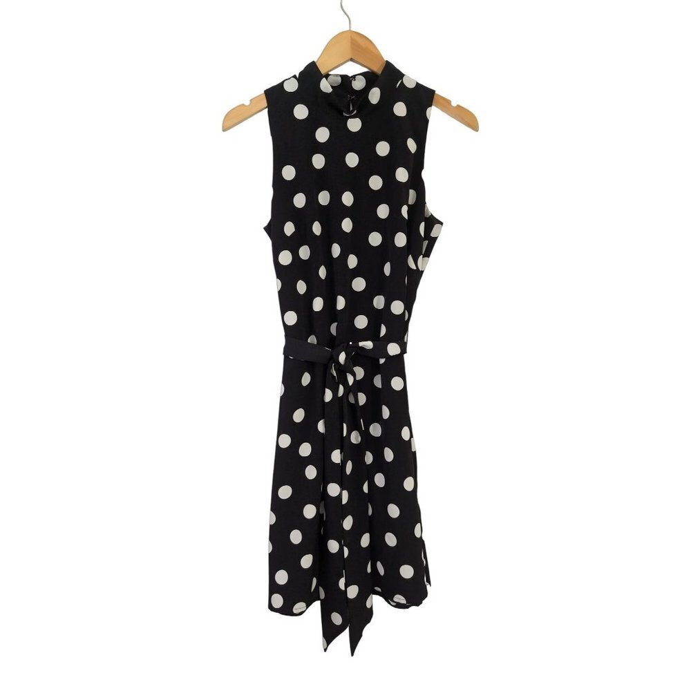 WHBM Dress Womens‎ 4 Black White Polkadot Sleeveless Sheath Belt